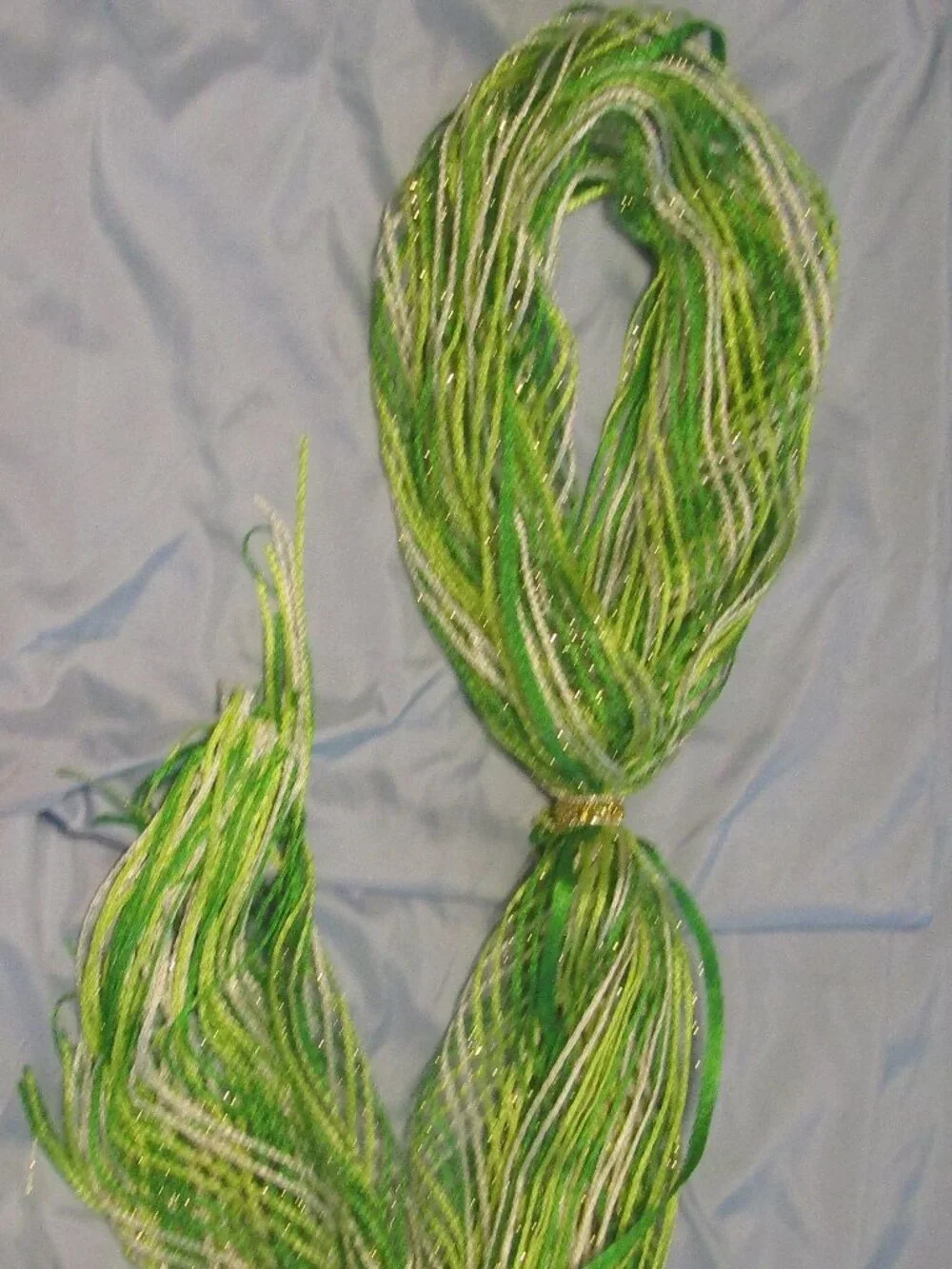 Vintage Style SHIMMERY GREENS & GOLD METALLIC FRINGE SCARF 2-TONE ELEPHANT RING